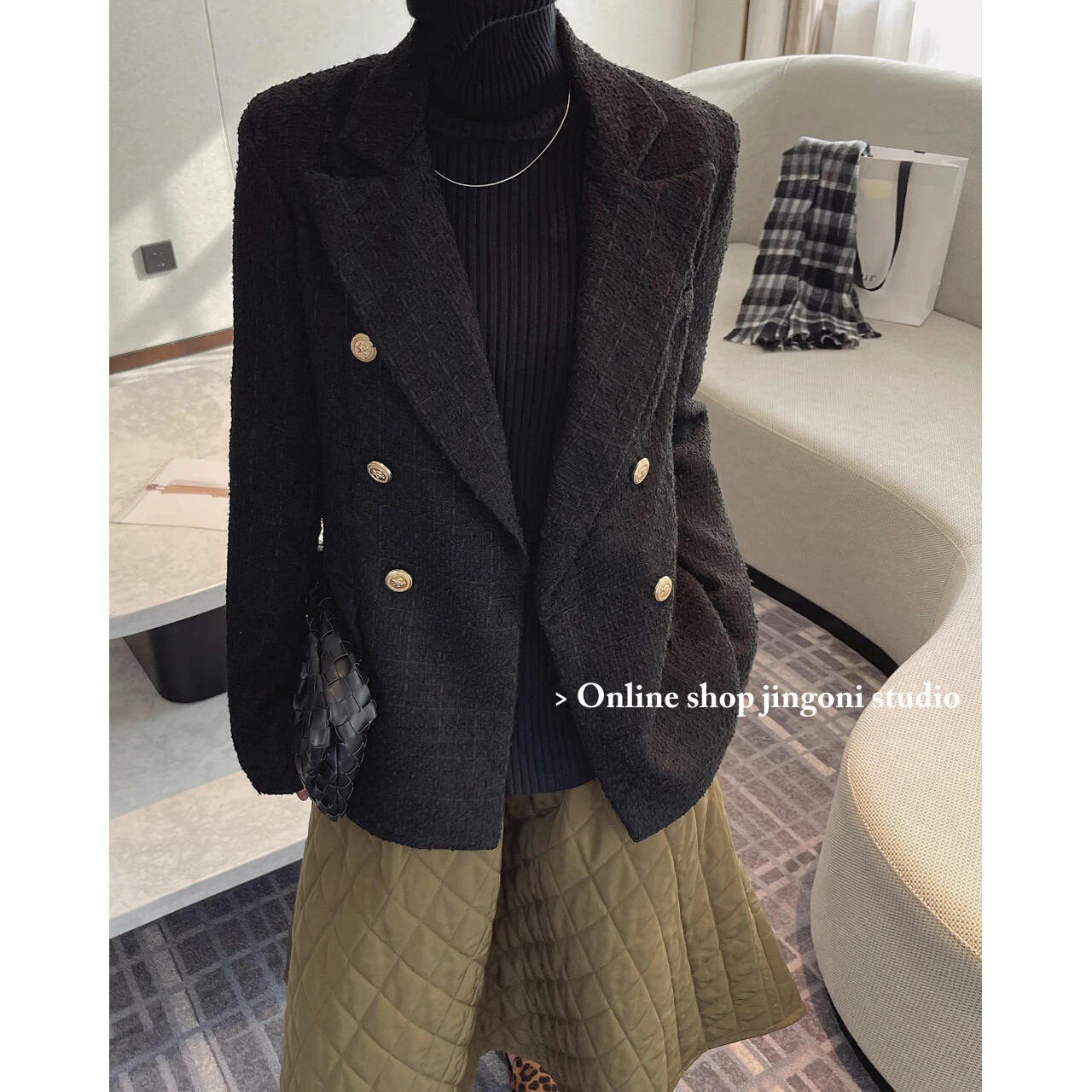 2022 Woman Winter Black Plaid Trench Coats Fleece Woolen Tweed Jackets Blazers Raincoat New Korean Fashion Clothes Overcoat Chic women khaki black mid length chic blazers solid colors single button plus size suits 2023 spring autumn new work casual blazer