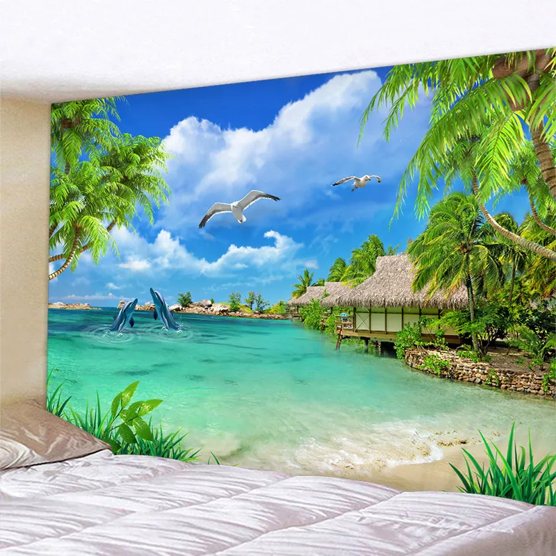 Beautiful Sea Scenery Tapestry Indian Mandala Tapestry Wall Hanging  Tapestries Boho Bedroom Wall Rug Couch Blanket 6 Size