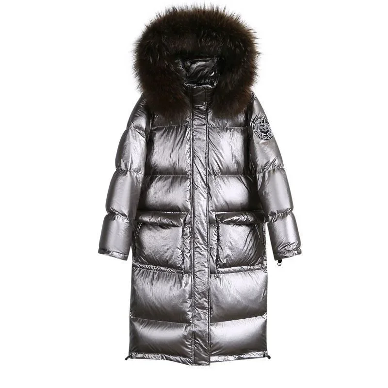 2023 Fashion Women Winter New Big Fur Collar Hooded Glossy Mid-Length over-the-Knee Thickened Warm Comfortable Coat