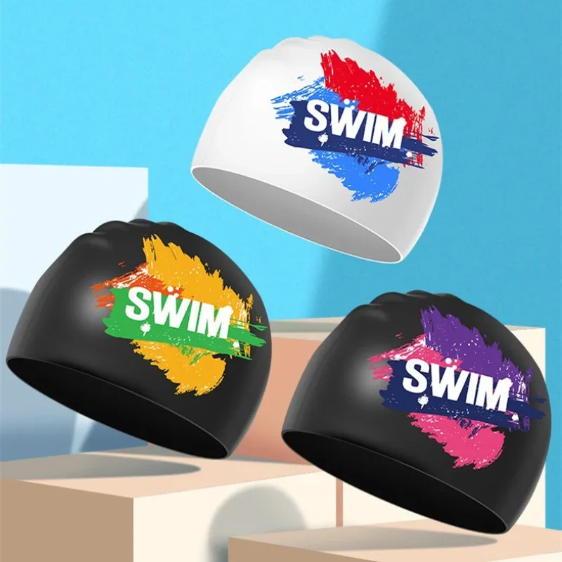 

Printed Swimming Caps Silicone Non-slip Waterproof Men Women Swim Hat High Elastic Long Hair Ear Protection Adult Swimming Cap