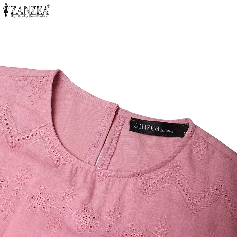 ZANZEA Damen-Kleid mit durchbrochenem Stickerei, 2022, Sommer, O-Ausschnitt, kurze Puffärmel, Patchwork, einfarbig, knielang, Kleider, 4 Farben – Detail 13