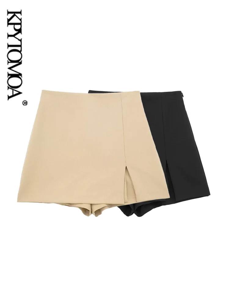 

KPYTOMOA Women Fashion Front Slit Shorts Skirts Vintage High Waist Side Zipper Female Skort Mujer