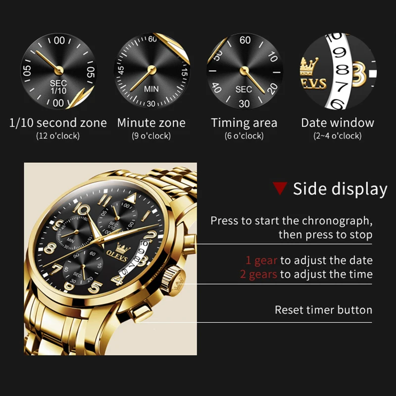 OLEVS Gold Quartz Watch for Men Stainless Steel Waterproof Multifunctional Chronograph Business Mens Watches Relogio Masculino