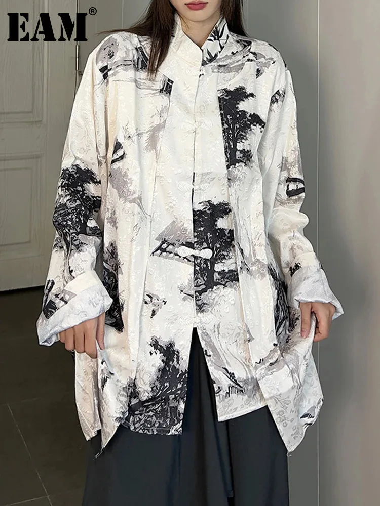 

[EAM] Women White Tie Dye Big Size Blouse New Stand Collar Long Sleeve Loose Fit Shirt Fashion Tide Spring Autumn 2024 1DH3089