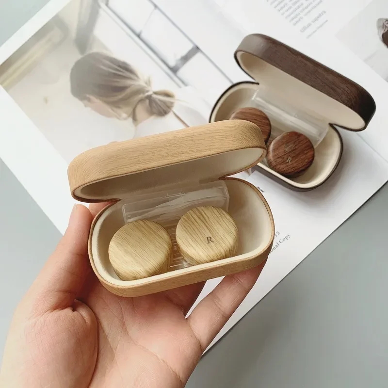 

Myopia Contact Lens Case Vintage Leather Wood Grain Large Diameter Leakproof Storage Double Partner Simple Contact Lenses Box