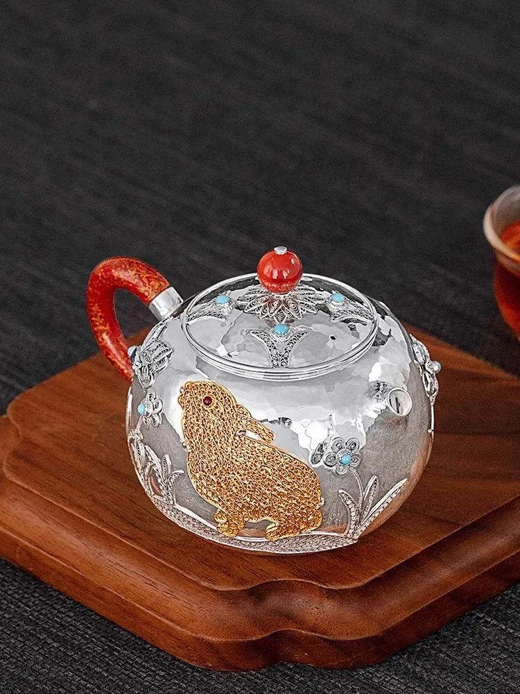 

Чистый серебряный 99.9% серебряный горшок Xishi, серебряный горшок ручной работы, серебряный чайник с шелковой инкрустацией, стандартный чайный набор