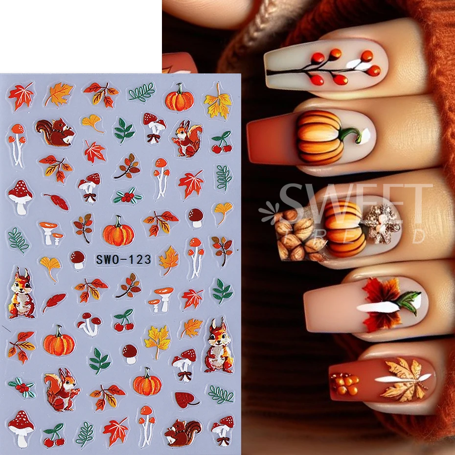 2pcs Cartoon Autumn Pumpkin Nail Stickers 3D Maple Leaf Squirrel Mushroom Adhesive Nail Decals Sliders DIY Manicure Decoration