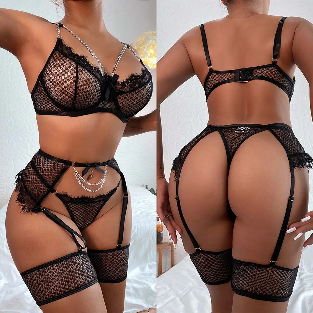 

4pcs Women Sexy Erotic Lingerie Set See Through Lace G-String Hollow Bra Belt Leg Stocking Set With Chain Transparent Underwear