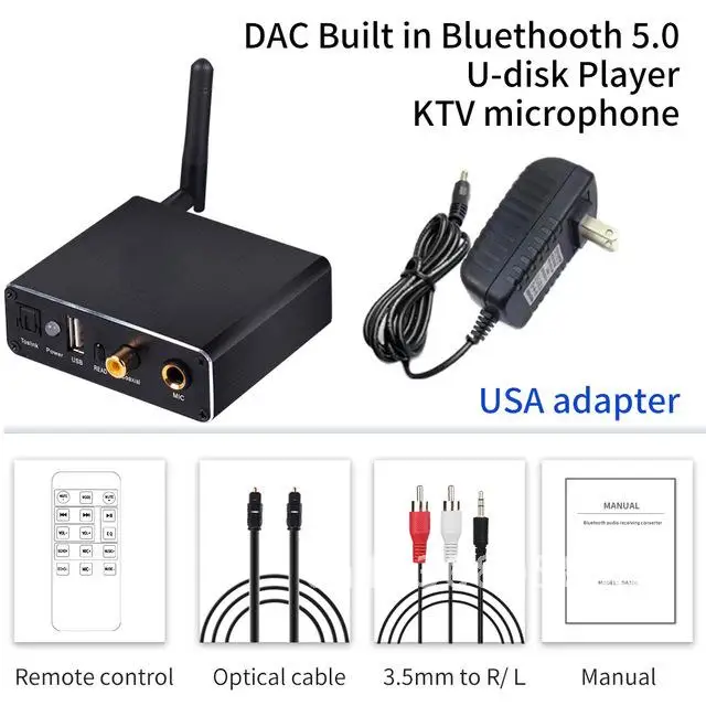 오디오 DAC 디코더 어댑터, 블루투스 5.0 리시버 앰프 U 디스크 플레이어, KTV 마이크 어댑터, 광 동축-아날로그 변환기