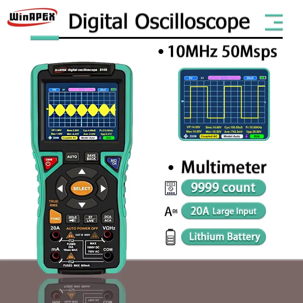 WinAPEX Portable 3.2-Inch Digital Oscilloscope 10MHz 50Msps Automatic Oscilloscope 9999 Counts Multimeter Circuit Repair Tools