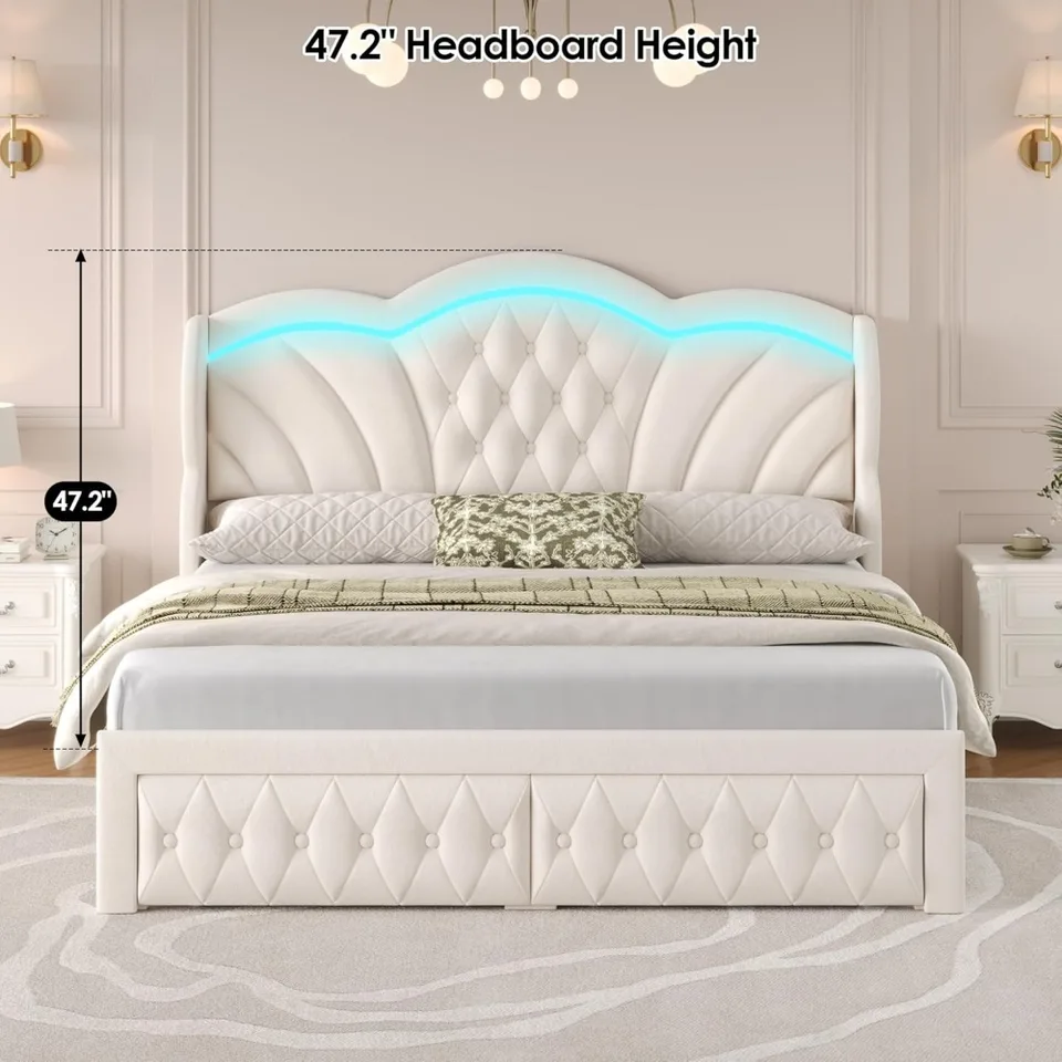 Full LED Bed Frame With 4 Storage Drawers, Modern Upholstered Velvet Platform Storage Bed Frame Headboard Led Lights Stylish Irregular Metal Bed Legs Desig