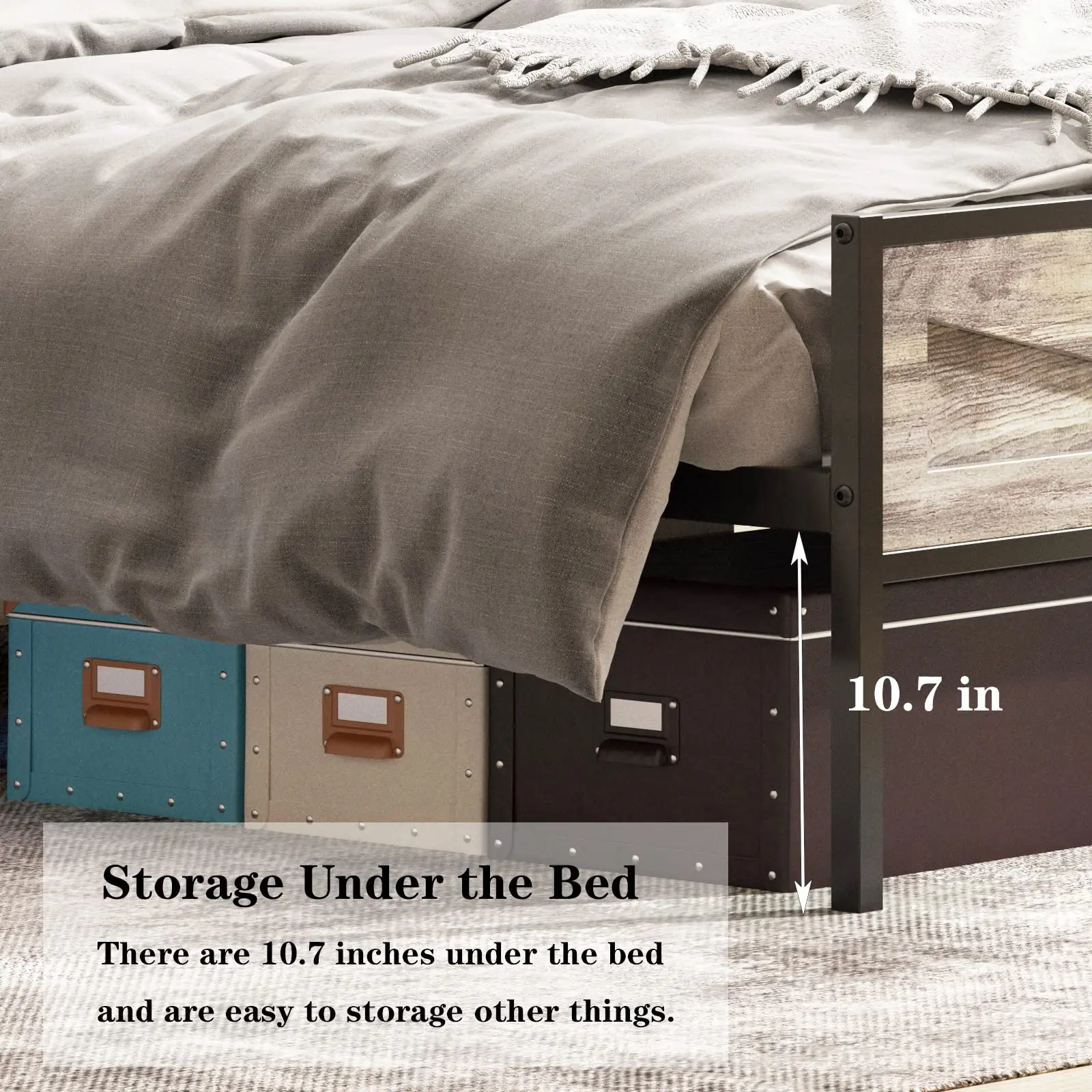 Vabches Queen Size Bed Frame with Storage Headboard Metal Platform Bed Frame with Power Outlet&LED Lights for Bedroom Noise Free 6