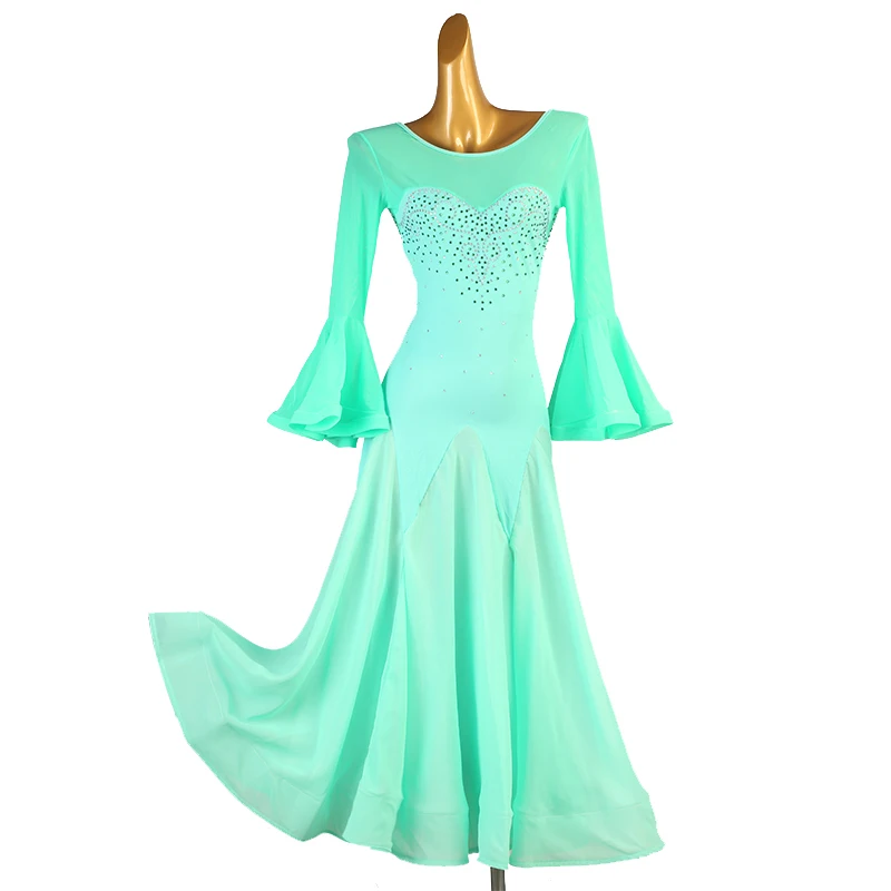 

Waltz Dress Ballroom Gowns Competition Costume Rhinestones Ruffled Sleeves Dance Practice Wear Stage Outfits Performance Clothes