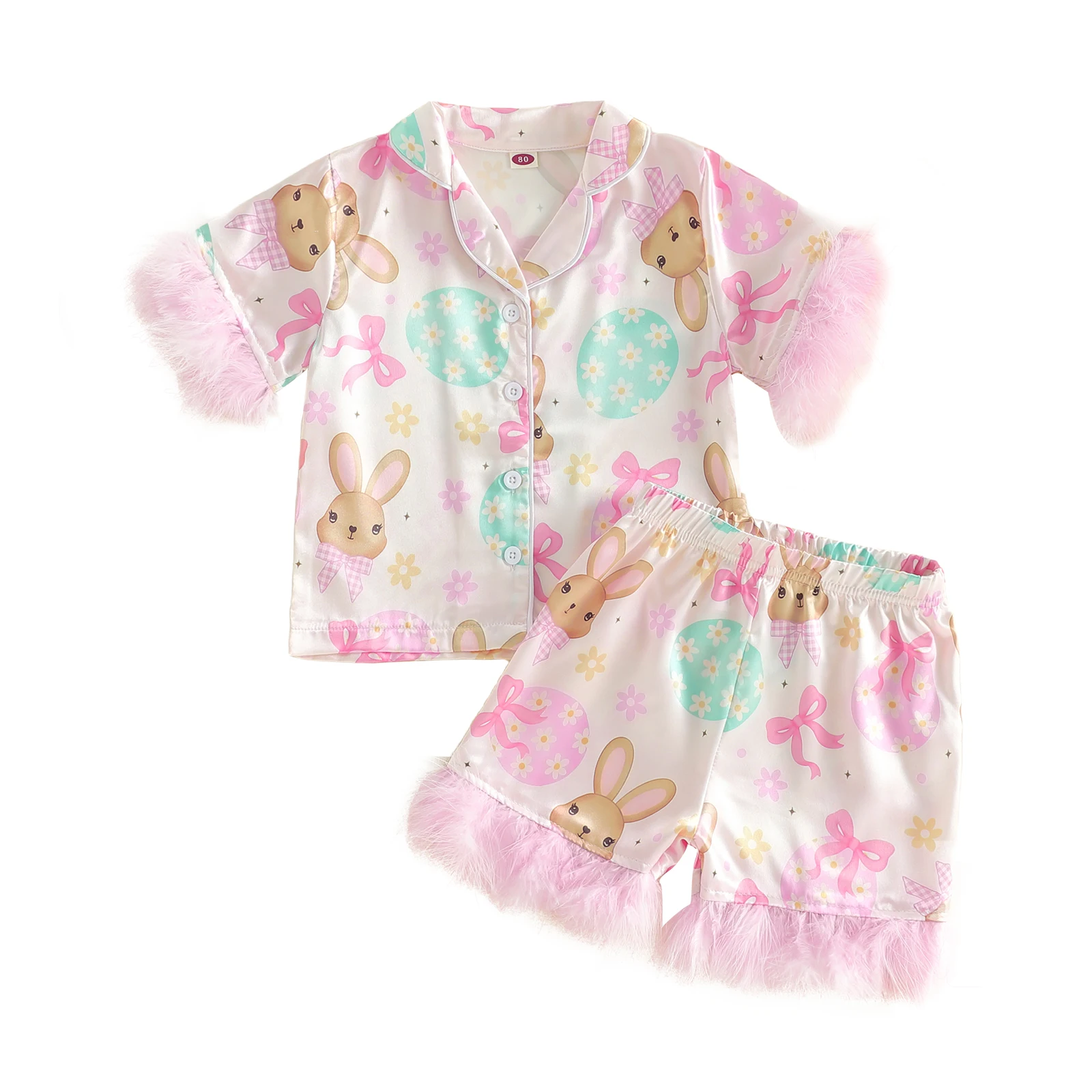 부활절 어린이 여아 잠옷 세트 계란 토끼 프린트 반팔 턴다운 칼라 탑과 반바지..