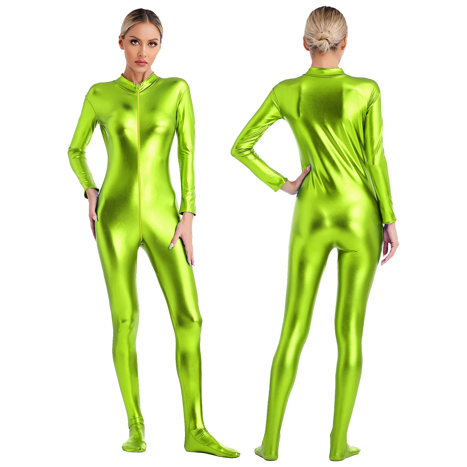 

Womens Metallic Shiny Zentai Jumpsuit Mock Neck Long Sleeve Front Zipper Full Body Unitard Tights for Performance Clubwear