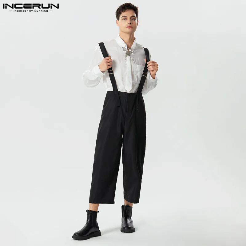 INCERUN Men's Loose Fitting High Waisted Wide Leg Jumpsuits Casual Streetwear Style Solid Sleeveless Shoulder Rompers S-5XL Men Rompers
