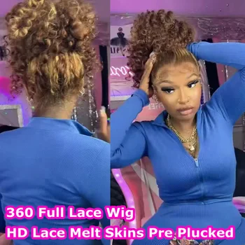 Invisible HD 360 Full Lace Wig With Invisible Strap P4/27 Glueless Wig Highlight Wig Human Hair Deep Curly 360 Lace Frontal Wig