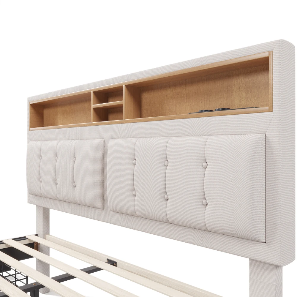 PINGGO Doppelbett mit 4 Schubladen & USB-C-Anschluss, Polsterbett 140x200cm, Höhenverstellbares Kopfteil, Holzlattenrost – Detail 19