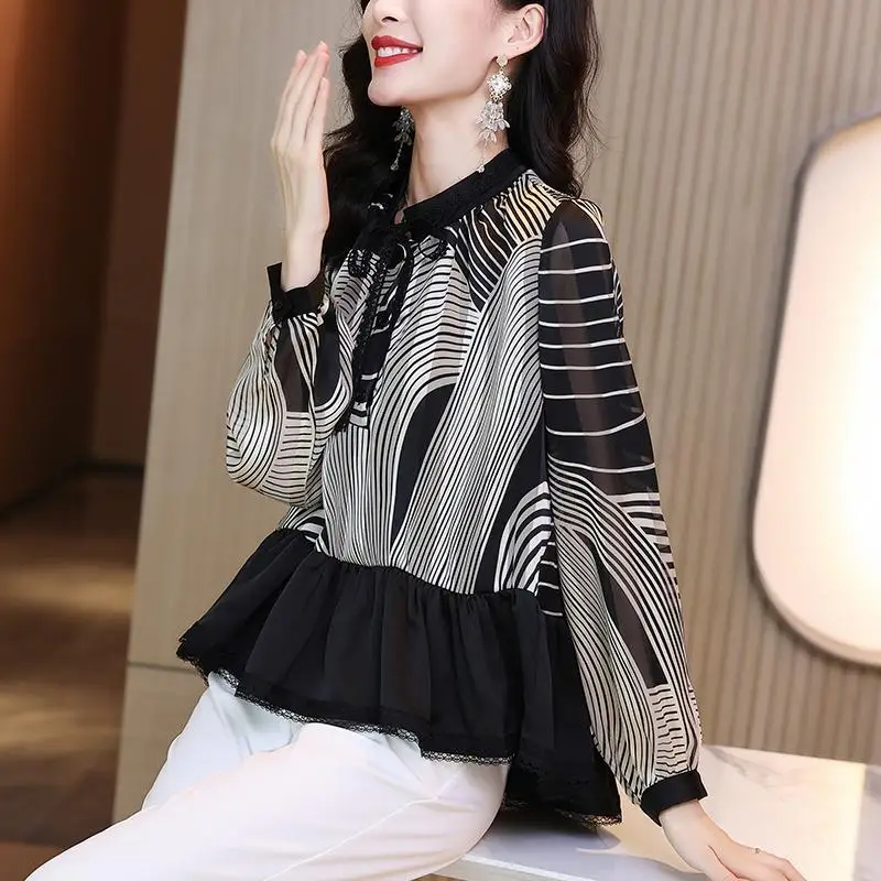 

Vintage Printed Spliced Lace Folds Irregular Blouse Women's Clothing 2022 Autumn New Casual Tops Asymmetrical Office Lady Shirt