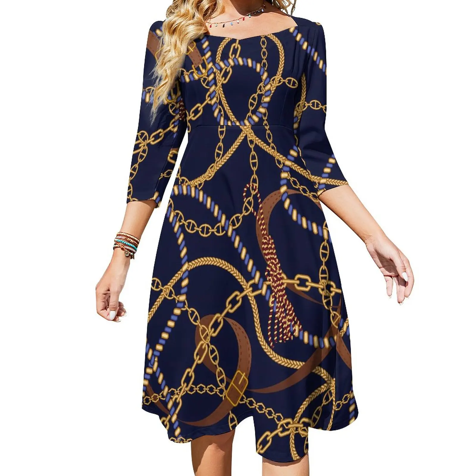 

Gold Chain Dress Summer Belts Print Kawaii Dresses Women Three Quarter Streetwear Design Oversized Casual Dress