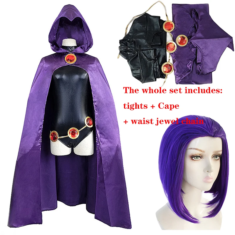 

Teen Titans Raven Cosplay Costume Superhero Cloak Jumpsuits Zentai Halloween Tight clothes + Cape + waist jewelry chain