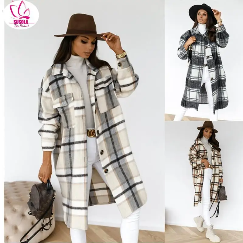 

Женская зимняя клетчатая куртка, пуховик, теплое длинное пальто в клетку, толстое пальто оверсайз из смешанной шерсти в стиле ретро, Женская Повседневная Уличная одежда