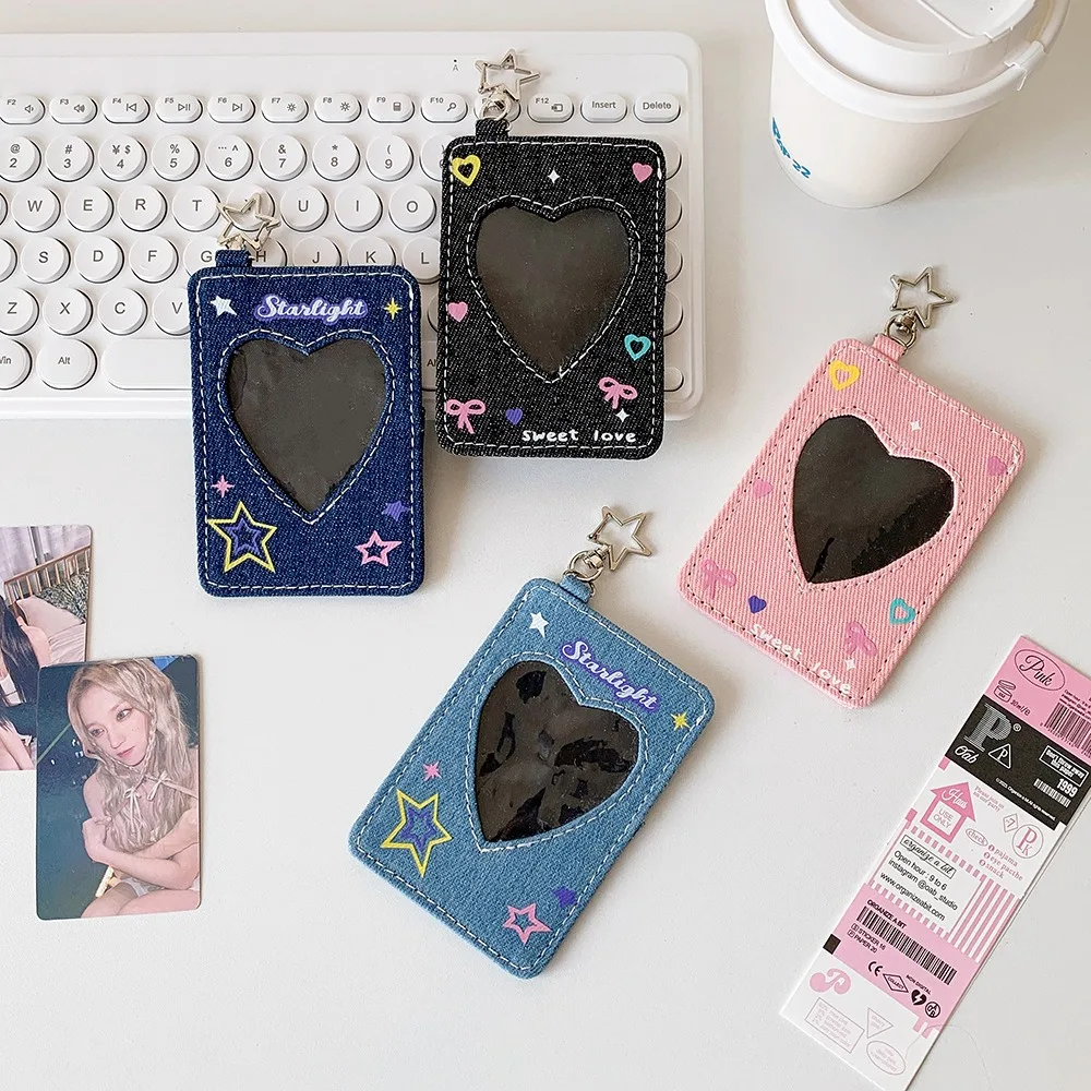 Kpop Idol Photocard Storage Denim Frame with Keychain 3 Inch School Girl Trend Gift Card Holder & Note Holder 4