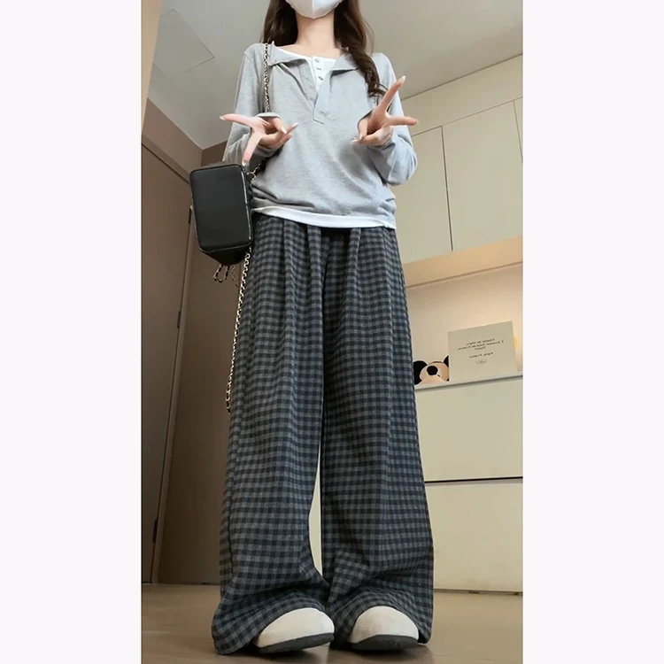 Autumn Winter Plaid Woolen Pants Women's Lazy Straight Leg Drapey Floor-Length Trousers Faionable Slimming High Waist