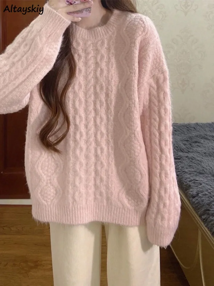 

Pink Pullovers Women Loose Sweet Winter Cozy Girlish Harajuku Korean Style Knitwear Ulzzang Simple Feminino O-neck Sweaters Chic