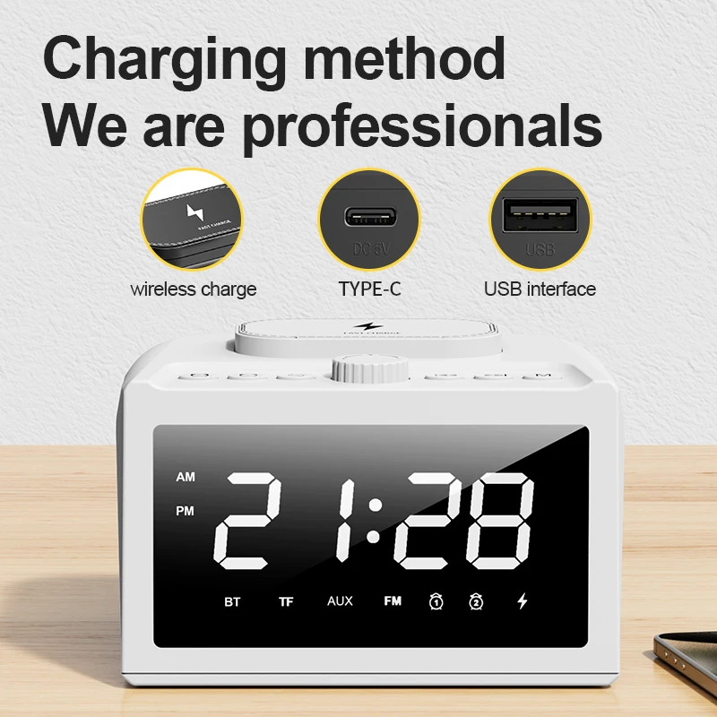 Bluetooth Speaker Stereo Loudspeaker Wireless Charger LED Screen Alarm Clock FM TF Card Fast Charging for iPhone Samsung Xiaomi