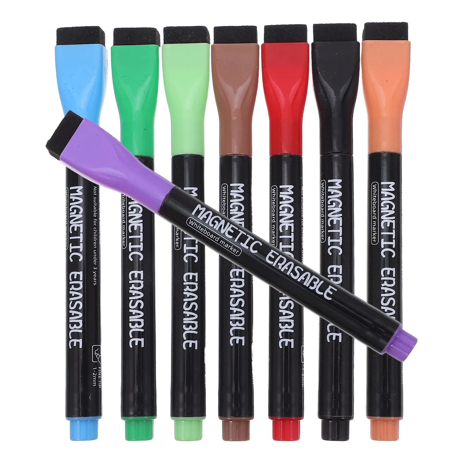 8개입 자석 드라이 이레이즈 마커 세트, 인체공학적 디자인, 빠른 지우기, 탈부착 가능한 캡, 금속 표면 및 화이트보드에 강력한 접착력, 흰색