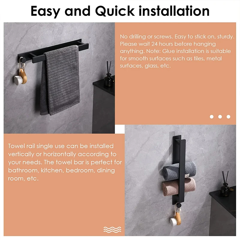 Towel Rack Black Towel Bar Bathroom Towel Rack Hook Space Aluminum Two Way Install Kitchen Storage Holder