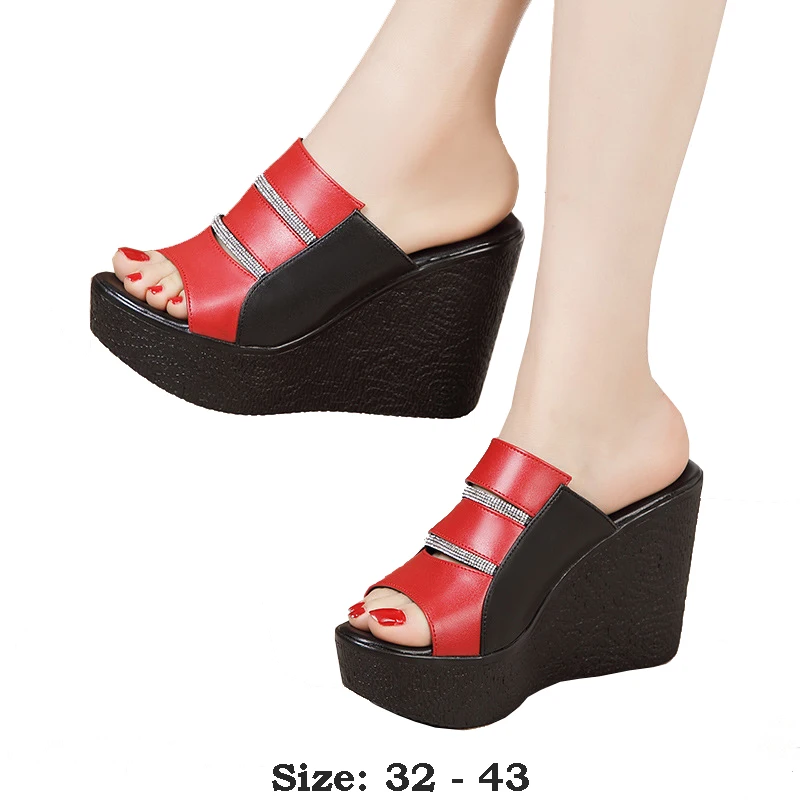 

High quality summer wedge leather sandals for women 11cm high heel 2024 size 32 33 43 platform open toe elegant shoe red white