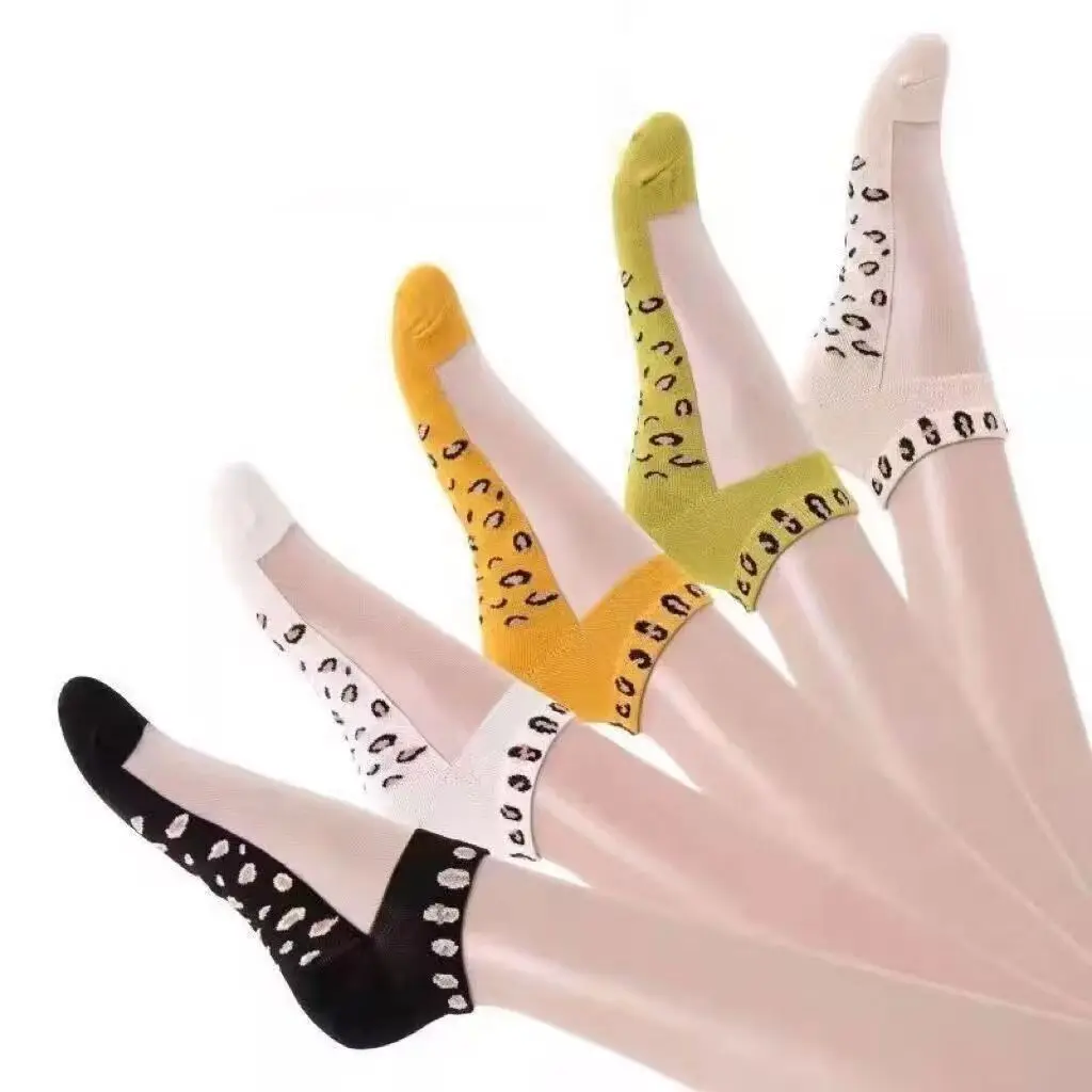 5 пар, женские тонкие прозрачные леопардовые носки из полиэстера