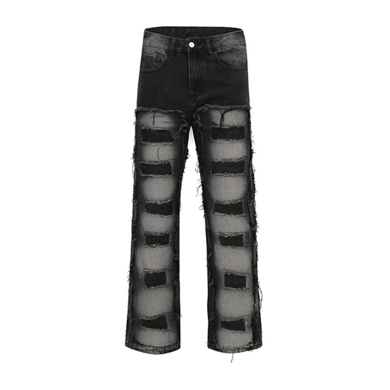 

Y2k Straight Jeans for Men Streetwear Urban Hole Frayed Denim Trousers Unisex Loose Harajuku Hip Hop Casual Oversize Cargo Pants