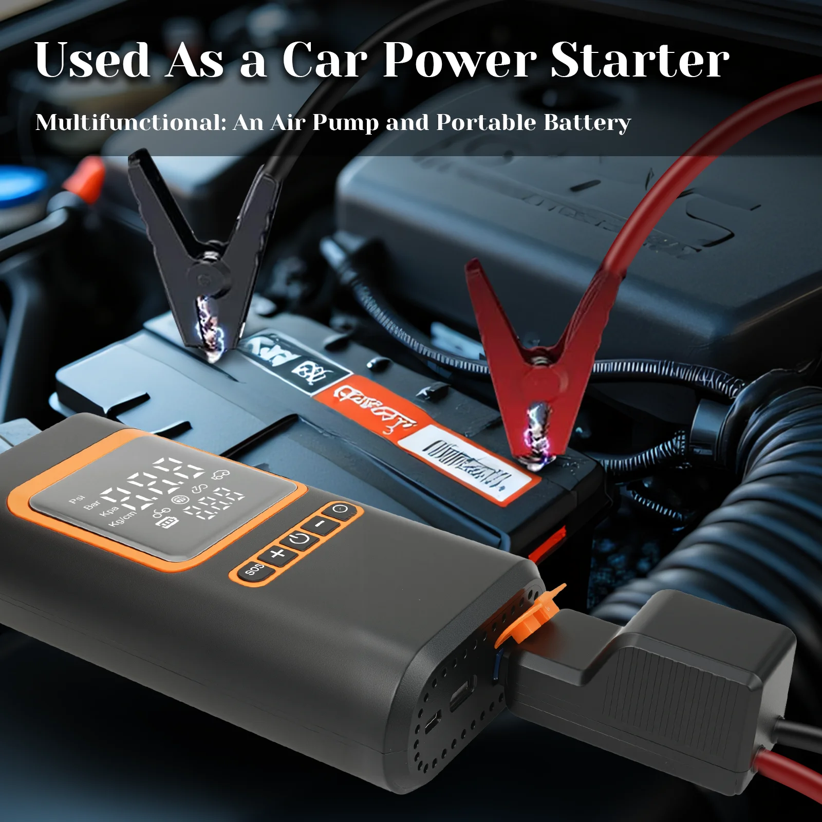 2-in-1 Air Pump & Car Jump Starter, 6000mAh Battery, 600A Peak Current, for Cars/Motorcycles/Bikes/Balls