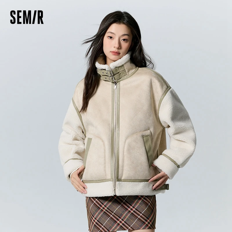 

Semir Jacket Women Imitation Lamb Wool Splicing 2023 Winter New Trendy Cool Loose Jacket