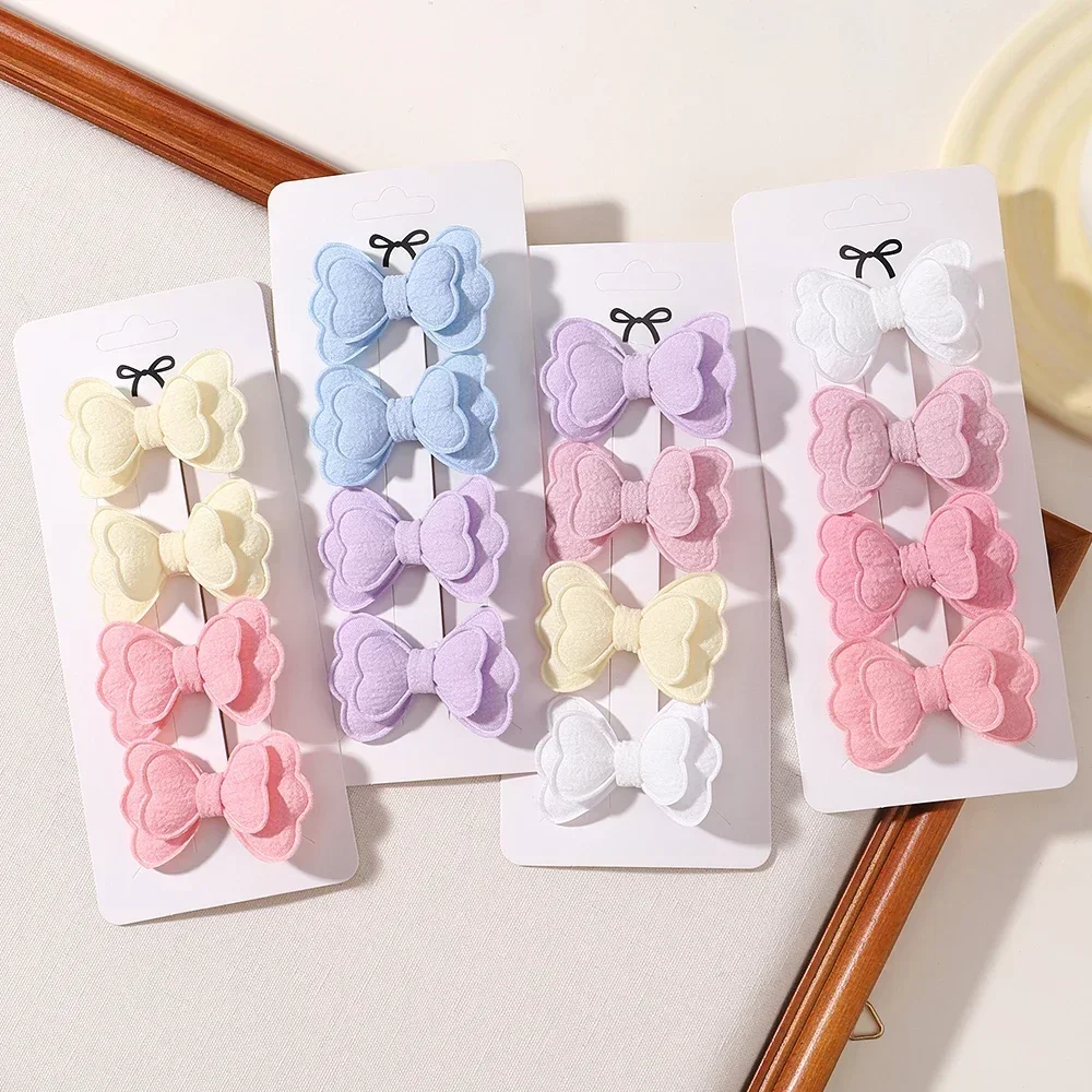 4Pcs/set Candy Colored Hair Clip Set for Girls Double Layered Bow Cute Bangs Hair Pin Cotton Safe Kids Baby Hair Accessories 2