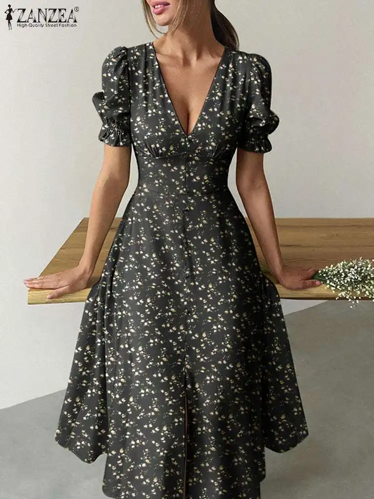 

ZANZEA Women Floral Print Corset Robe Fashion Elegant Vestido V Neck Sexy Midi Dress Puff Sleeve High Waist Bohemian Party Dress