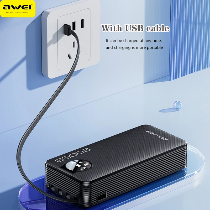 Awei P134K 4 in 1 Portable Power Bank 20000mAh With PD22.5W Fast Charging  Type-C/Lightning/Micro Cable Powerbank For iOS&Android