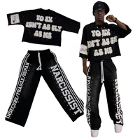 New Gothic Letter Patchwork Tracksuit Men Y2k Hip Hop Retro Sequin Striped Clothes Sweatpants T Shirt Two Piece Set Streetwear 1