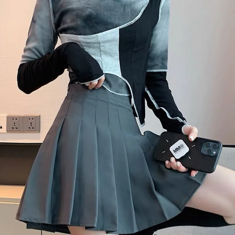 Women Slim Solid Color Pleated Short Skirt female mini skirts College Style High waisted A line