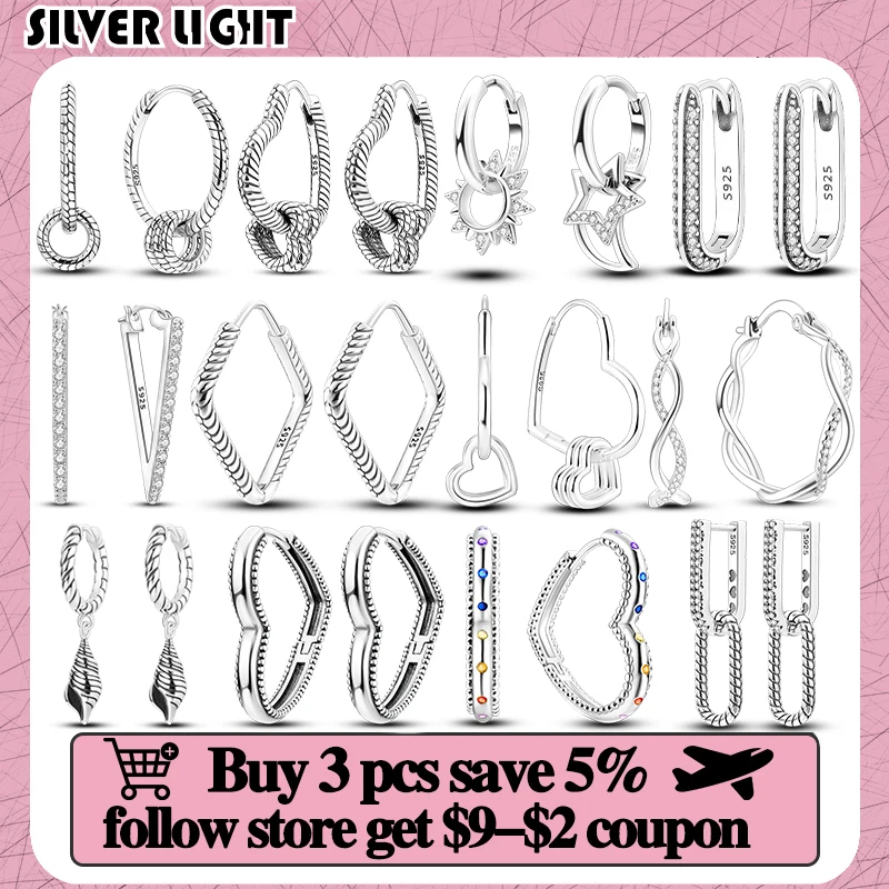 Elegant 925 Sterling Silver Hoop Earrings with Heart, Feather, and Crown Details - Luxury Zircon Accents