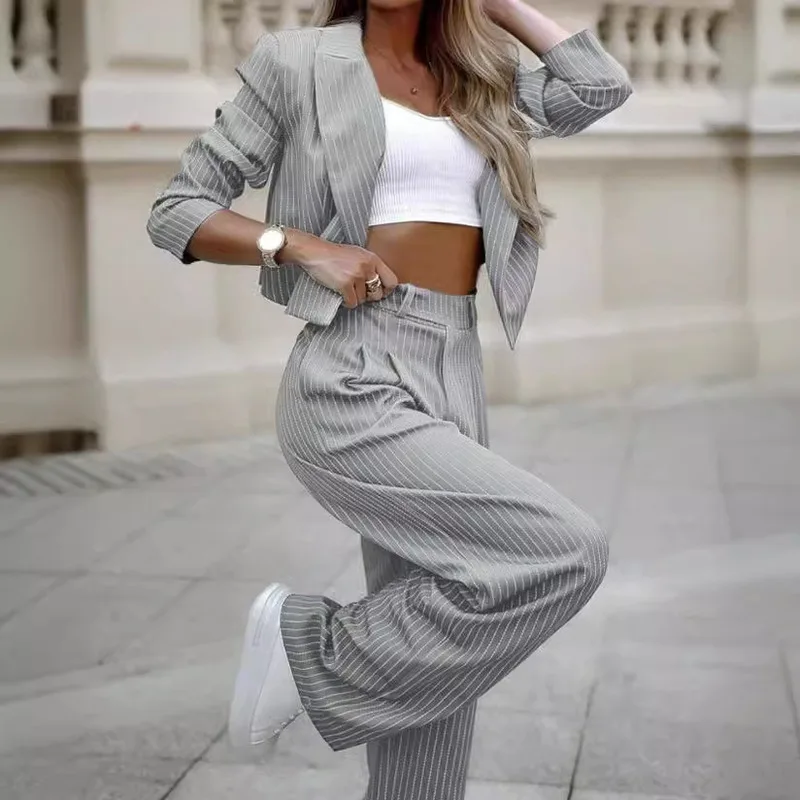2024 New Women's Commuter Office Fashion Casual Striped Short Lapel Top Suit Straight Trouser Suit Women's Two-piece Suit