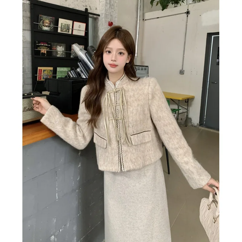 High Quality Female Elegant Skirt Suits New Fall Winter 2 Piece Set Warm Fur Top Women Outfits Top+Bodycon Midi Skirt Suit