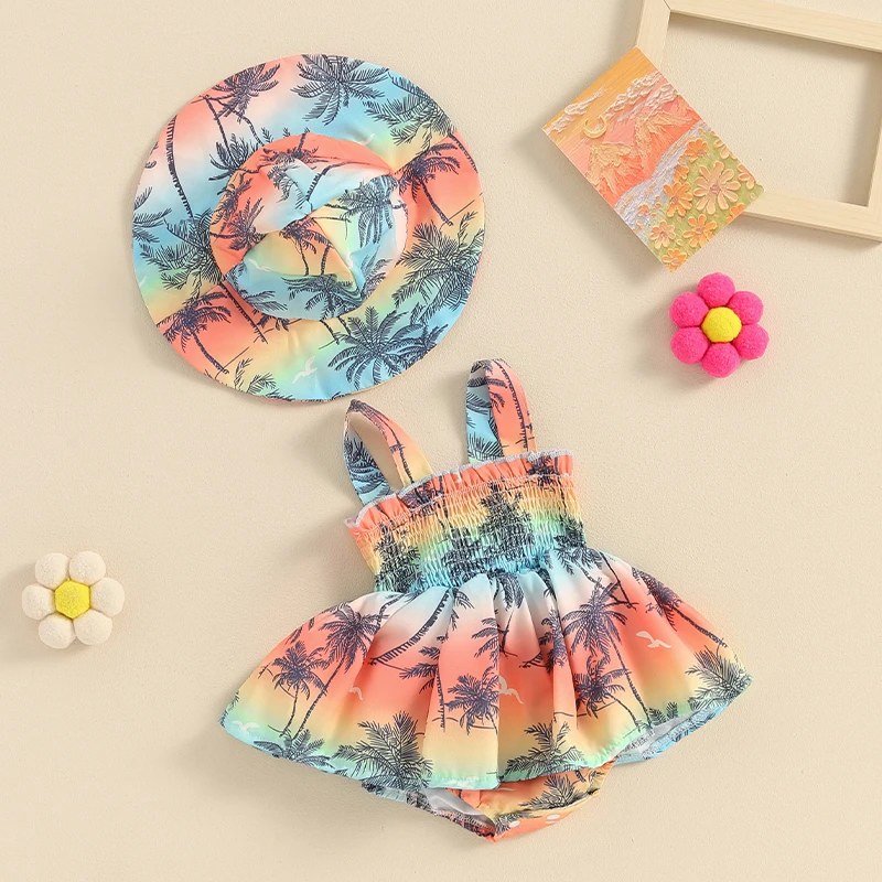 

Baby Girl Summer Jumpsuit Tree Print Gradient Sleeveless Romper Dress and Sun Hat Set Cute Fashion Clothes Outfits