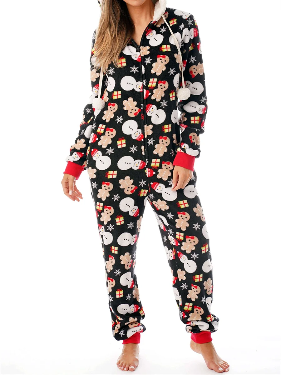 Christmas Jumpsuit Pajamas Women Plaid Print Warm Long Sleeve Sleepwear Xmas Cute Zipper Up Hooded Overall Rompers