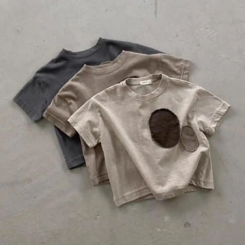

2023 Summer New Baby Short Sleeve T Shirt Infant Toddler Fashion Elliptical Patch Vintage Tops Boys Girls Soft Cotton Loose Tees