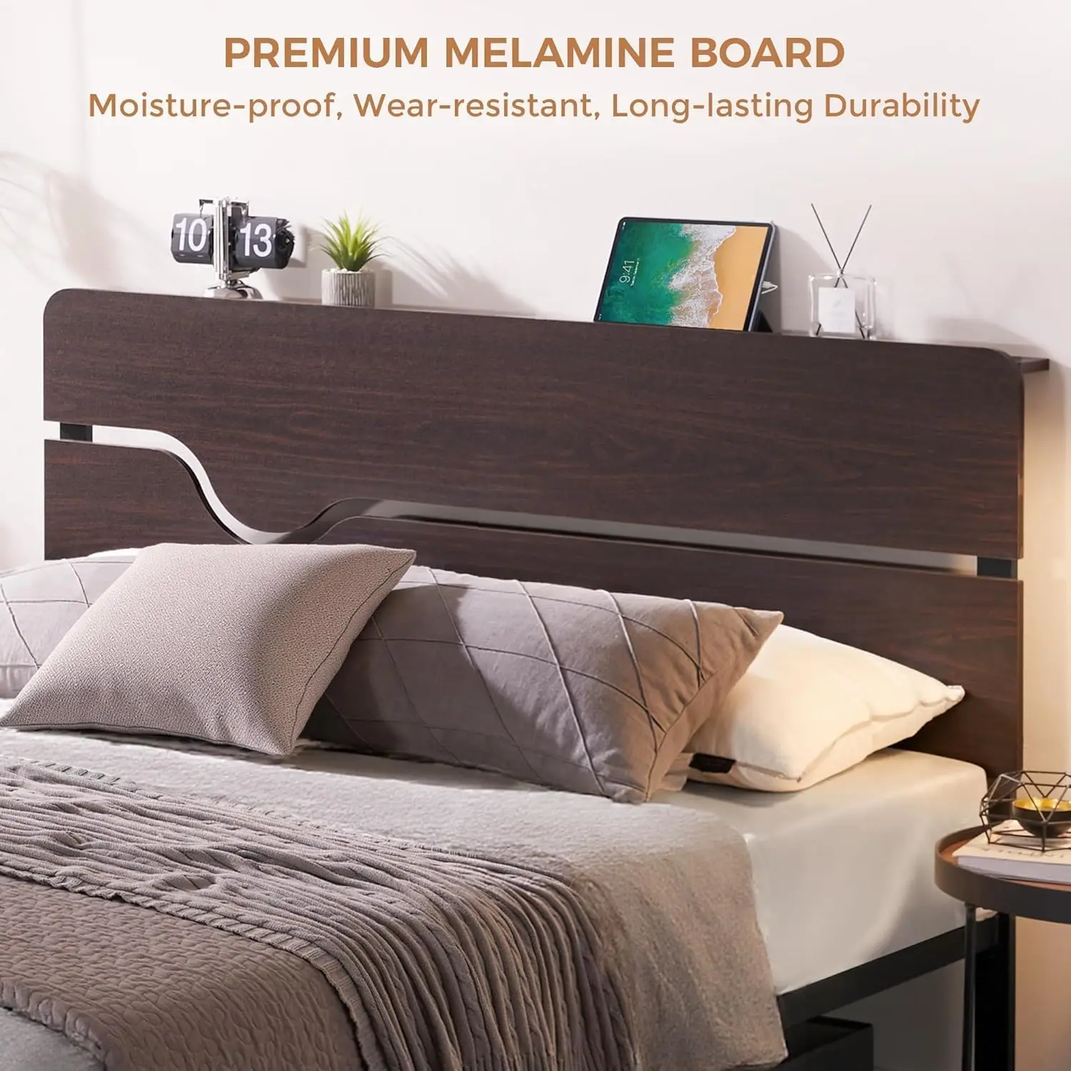 Queen Bed Frame with Headboard and Charging Station, Industrial Platform Bed with 12.4" Underbed Space, Metal Slats Support