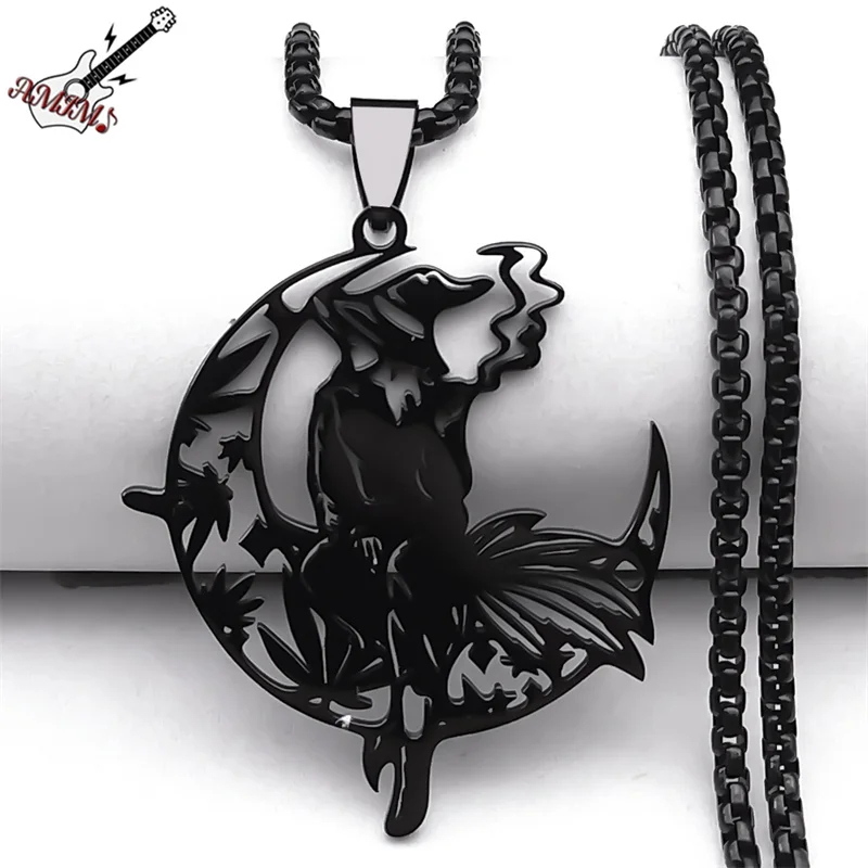 Gotische schwarze Hexenhut-Anhänger-Halskette für Damen/Herren, Edelstahl, Punk-Mondblatt-Kette, Schmuck, Colier NZZZ523S06 – Detail 9